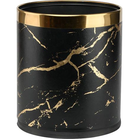 Double Layer Metal Trash Can, 10 Liter Trash Can with Marble Texture for Bedroom, Bathroom, Living Room, Kitchen, Office, Hotel (Golden Black Marble) (1/5)