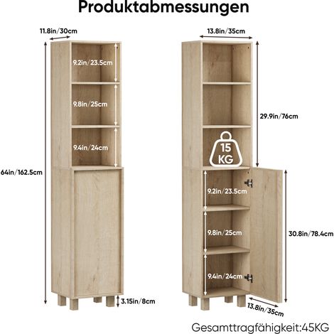 162,5 cm hoher Badezimmerschrank in Eichenoptik ,Waschmaschinenschrank,mit Türen und offenen Regalfächern schmaler Holzschrank, geeignet für Waschküche, Balkon, Badezimmer oder Küche (1/5)