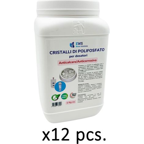 Ricarica di polifosfati in cristalli flacone da 1 kg ca di polifosfato Food Grade a Lunga Durata Anticalcare e Anticorrosivo per sistemi filtranti e dosatori Confezione da 12 pezzi