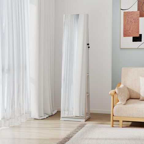 GOPLUS Armoire a Bijoux avec Miroir Pleine Longueur, Armoire a Bijoux sur Pied Pivotante à 360° avec 8 Ampoules, Étagères Arrière, Organisateur de Bijoux pour Femme (Blanc)