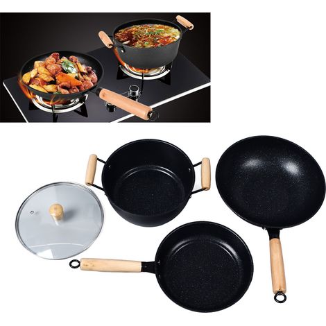 Ensemble de trois pièces de cuisine en pierre Maifan : wok, poêle à frire, casserole, poêle plate antiadhésive (1/5)