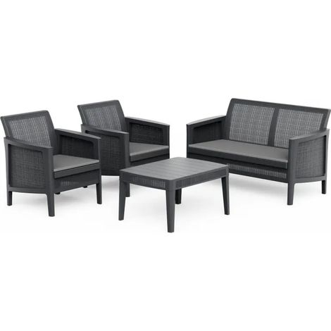 Set de jardin Atlas graphite avec coussins - 2 fauteuils, 1 canapé, 1 table basse - dimensions fauteuils 67,6 x 67 x 74,3 cm, canapé 125 x 67,6 x 74,3 cm, table basse 74,4 x 56,4 x 40 cm