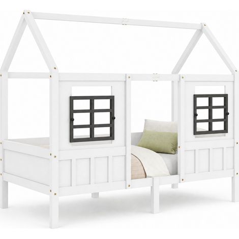 Lit cabane enfant 90x200 avec 2 fenêtres de sécurité, barrière 4 côtés, structure en bois et MDF blanc, sommier à lattes, chambre enfant CHICFURN (1/5)