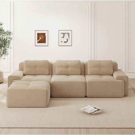 Divano modulare a L 293x177x69 cm in velluto beige con ottomana per soggiorni grandi – MEUBLIV (1/5)