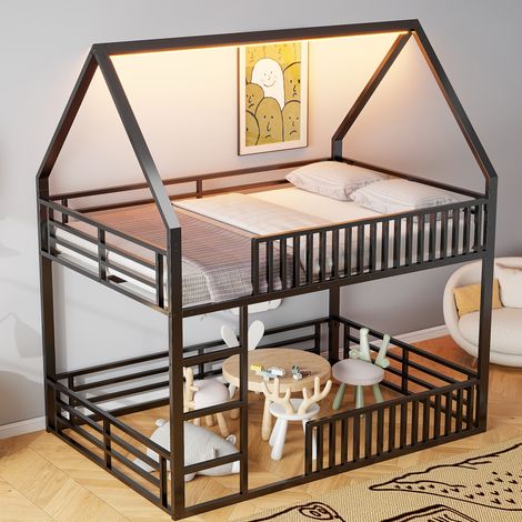 REDOM Lit enfant 140x200 cm maison avec barrière style clôture LED 7 couleurs métal noir (Sans matelas) (1/5)