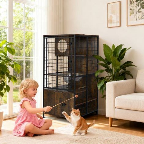 Entretien facile cage pour chat en bois à plusieurs niveaux avec rangement, gamelle, ouvertures et porte grillagée (1/5)