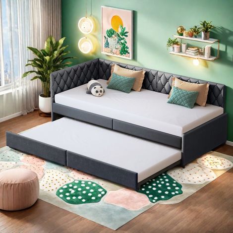 Lit gigogne 90x200 cm, Canapé-lit extensible avec sommiers à lattes, 2 places, style contemporain, Tissu Velours doux, gris