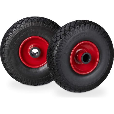 Roue de brouette, caoutchouc, 3.00-4", 2x roue de rechange, pour axe de 25 mm, 260x85 mm, noir-rouge (1/5)