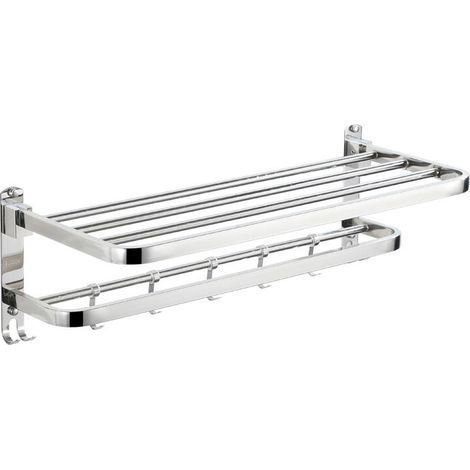 Toallero plegable de doble capa de 60 cm, de acero inoxidable para montaje en pared, toallero multifuncional con 5 ganchos para baño - Plateado