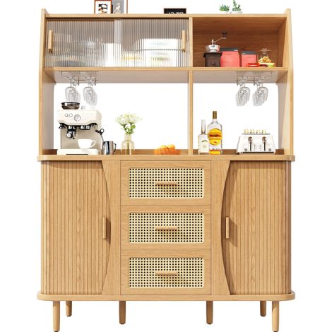 Buffet haut de qualité avec aspect rotin et portes coulissantes en verre, meuble de cuisine de 174,5 cm de haut avec espace de rangement, aspect bois naturel/noyer, charge max. 60 kg (1/5)