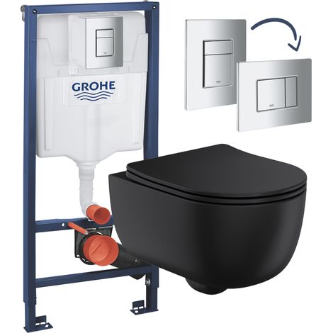 Matt Black Rimless Wall Hung Toilet with Grohe Rapid 1.13m Concealed Cistern Frame Set - Chrome Plate