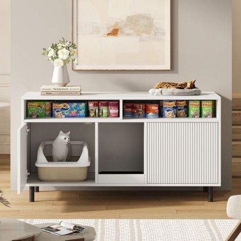 Mueble para arenero/bandeja de arena para gatos con alfombrilla atrapa-arena, mueble para mascotas con estante, aparador/mueble para TV para mascotas, sin bandeja de arena, 120x50x66cm, blanco (1/5)