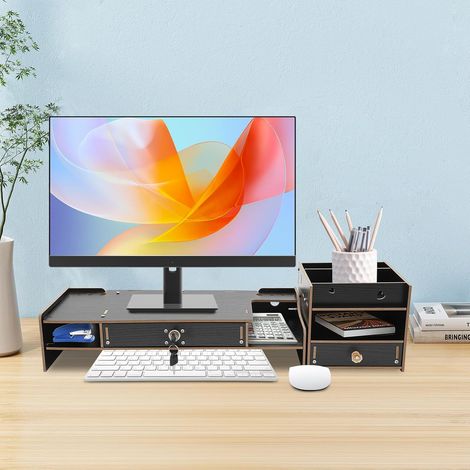 Computer-Monitor-Erhöhung, Halter mit großer Speicherkapazität, mit Stifthalter, Handy-Halter, 48 20 10,5 cm (schwarz) (1/5)