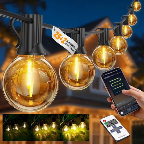 Filiyano – Guirlande lumineuse extérieure 23,3 m – 25+2 ampoules LED G40 blanc chaud – IP44, 4 modes, App et télécommande – Pergola, jardin (1/5)