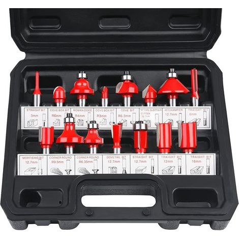 Set di frese per legno, frese profilate, set da 15 pezzi con frese da 8 mm, frese dritte, punte in metallo duro, frese professionali per l'industria del mobile. (1/4)