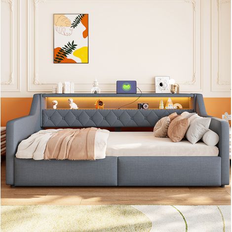 Cama nido 90 x 200 cm de lino y MDF con LED, almacenaje hidráulico y USB/USB-C gris (1/5)