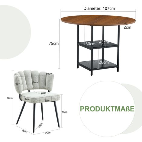 Conjunto de mesa redonda 107 cm efecto nogal con 4 sillas tapizadas beige claro (1/5)