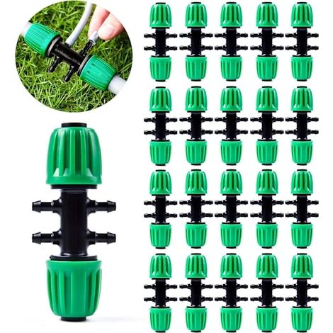 20 accessoires pour système d'irrigation : raccords en T cannelés pour tuyau d'irrigation goutte à goutte (1/2 pouce à 1/4 pouce), 6 voies. (1/5)