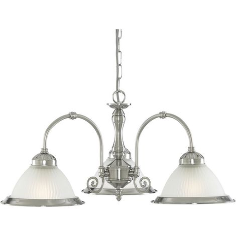 AMERICAN DINER - 3LT Lustre metal argent satine, verre strié depoli, E27 max 3x60w Diam 62cm (1/4)