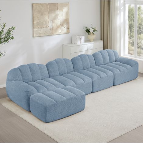 Divano modulare angolare 366x165x79 cm, seduta ampia, ottomano collegabile, tessuto Granular Fleece blu (1/5)