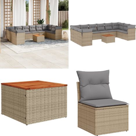 Juego de sofás jardín con cojines beige mezcla 11 pzas ratán PE - Cojines para sofás - Muebles de exterior