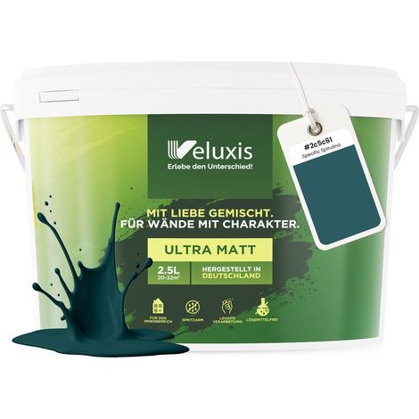 Wandfarbe Grün Blau Petrol Matt Innenfarbe – Deckkraft Klasse 1, VOC-frei, Ohne Grundierung, Tropfarm – Wohnzimmer & Schlafzimmer – 2,5L – Veluxis (Specific Spirulina)
