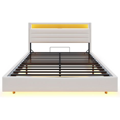 Letto contenitore imbottito 160 x 200 cm in lino beige con USB, LED e testiera ribaltabile (1/5)