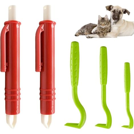 Set antizecche da 5 pezzi - 3 uncini e 2 pinzette per zecche, rimozione indolore per cani, gatti e animali domestici (rosso, verde) (1/5)
