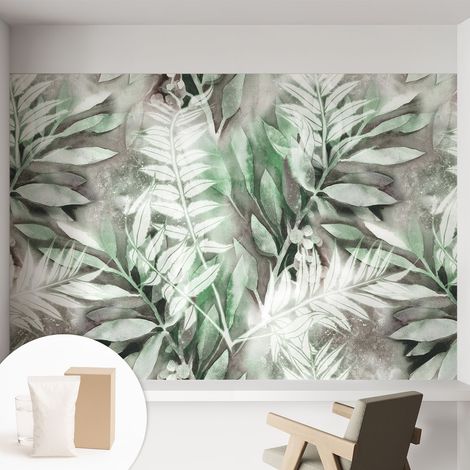 Papier peint intissé avec imprimé pour intérieur moderne application facile a motif - Colle incluse gratuite Feuilles aquarellées 152x104 cm (1/5)
