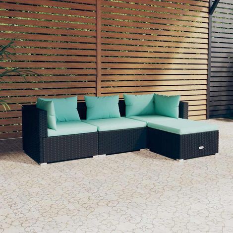 4-tlg. Garten-Lounge-Set mit Kissen Poly Rattan Schwarz (1/5)