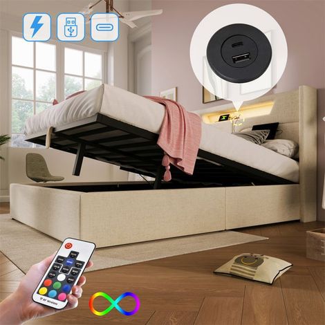 Lit coffre rembourré 140x200 beige en lin avec LED et charge USB‑C, sommier à lattes (sans matelas) (1/5)