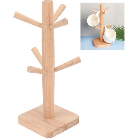 Estante para tazas de madera de haya con 6 soportes profundos: organizador de tazas para la cocina. (1/5)