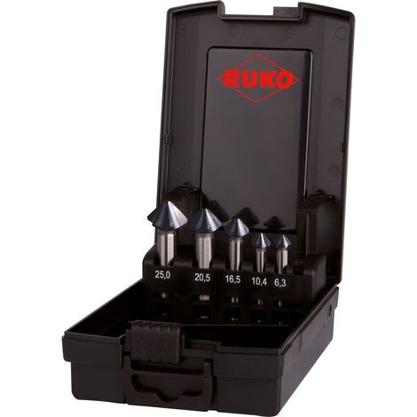 RUKO  ULTIMATECUT  Juego  de avellanadores  cónicos  y  desbarbadores  HSS  DIN  335  Forma  C  90°  RUnaTEC  5  piezas  en  casete  de  plástico  ABS  -  102791PRO (1/2)