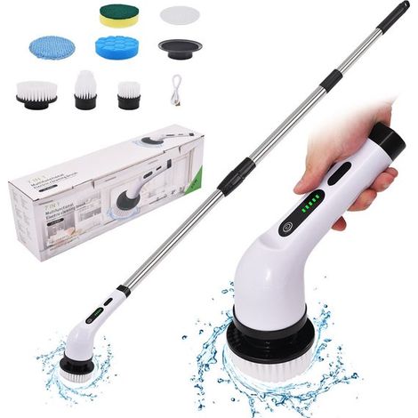 Limpiador rotatorio eléctrico，cepillo de limpieza eléctrico，inalámbrico con 7 cabezales intercambiables，mango extensible ajustable (1/5)