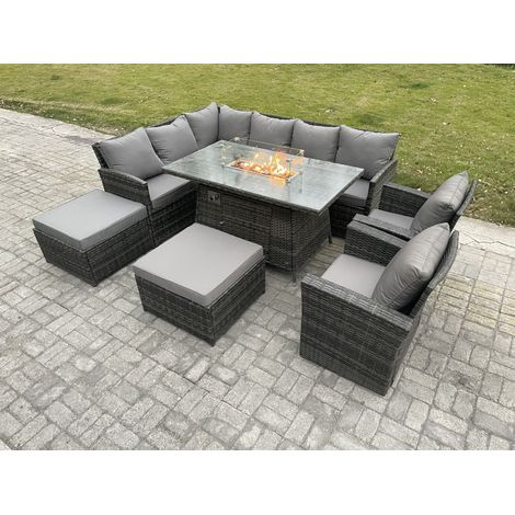 Fimous 10 Seater Outdoor Rattan Garden Furniture Set Corner Sofa Gas Fire Pit Dining Table Sets Gas Heater with 2 Big Footstool 2 Armchair Dark Grey Mixed