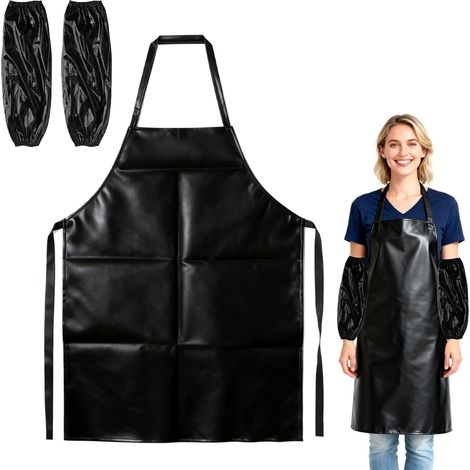 Tablier Noir Homme Imperméable avec Manches Grand Tablier Cuisine Professionnel 68x80cm Tablier Boucher PU Cuir Résistant à l’Huile pour BBQ, Cuisine, Nettoyage, Atelier (1/5)