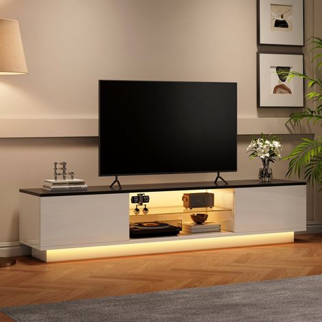 Mueble de TV con iluminación ambiental LED - 140x32x42 cm, compartimentos de almacenaje de vidrio templado, bisagras metálicas, estilo nórdico, blanco (1/5)