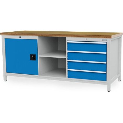Kastenwerkbank Breite 2000 mm, R24-24, 4 x Schublade, 1 x Flügeltüre mit Fachboden, 2 x Fach, Rückwand Maße in mm (BxTxH): 2000 x 750 x 859 (1/4)
