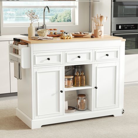 Îlot de cuisine mobile extensible 112-188x45x92 cm, blanc/naturel, MDF, FloraGrace (1/5)