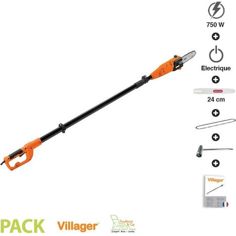 Tronçonneuse électrique filaire 750W – Longueur guide 24cm Oregon – Tube télescopique 2,50m – Pour branches hautes et bois dur – Villager
