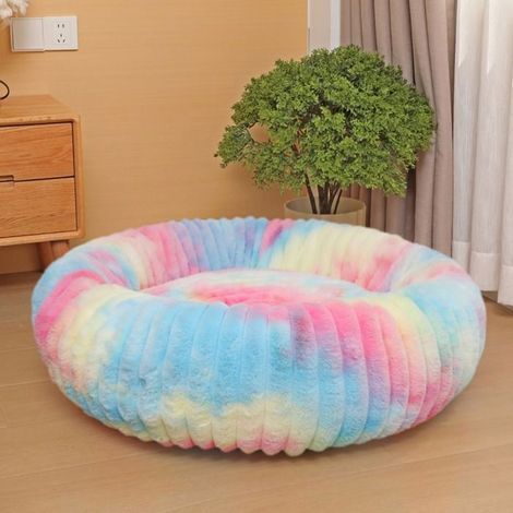 Lit Beignet pour Chat -40cm Coussin Rond Apaisant en Peluche, Lavable avec Fond Antidérapant pour Chaton,Chiot-coloré (1/4)