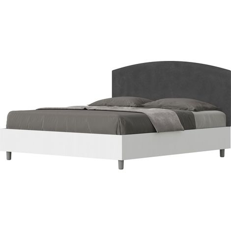 Letto Matrimoniale 160x190 cm con Rete e Contenitore Alzata Comoda Struttura Bianco Frassico e Testata in Microfibra Antilia Grigio (1/5)
