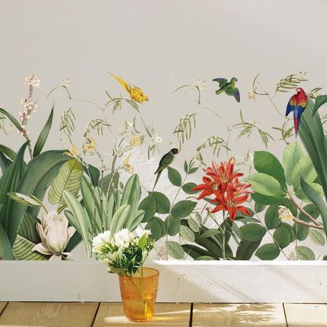 Sticker mural plantes tropicales et oiseaux pour canapé ou salon (1/5)