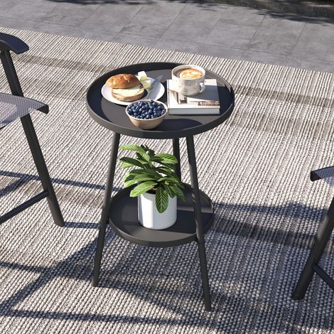 Mesa auxiliar redonda pequeña de 2 niveles, mesa de jardín para patio, sala de estar, balcón, metal, Ø 32 x 51 cm, negra