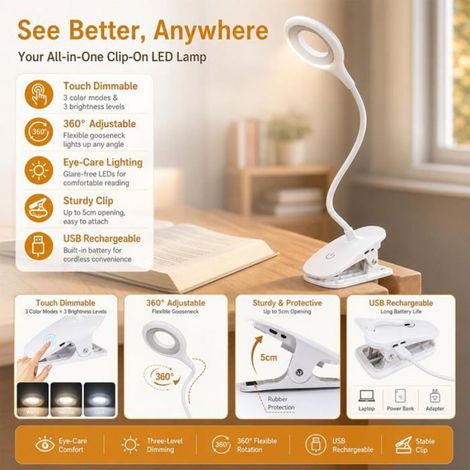 Lampe De Lecture - Pince LED 20 Leds - Col De Cygne 360° - 3 Niveaux Luminosité - Rechargeable USB-C - 1200 mAh - Pour Bureau Lit Étude - 1 Pièce (1/5)