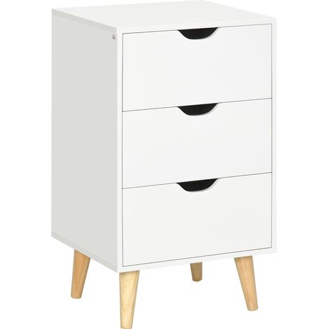 Bedside Table, Bedside Cabinet with 3 Drawers, Small Side Table with Wood Legs and Cut-out Handles for Bedroom, White