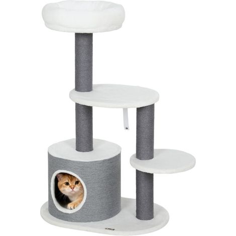 Arbre à chat avec 1 niche, 1 panier, 2 plateformes, poteaux en corde de jute, blanc et gris (1/5)