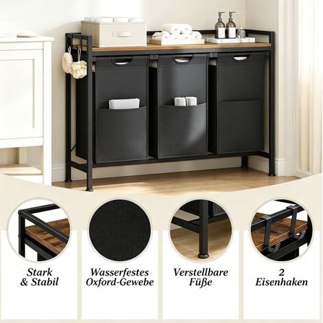 Wäschesammler 96×30×71 cm aus Metall und Holz, schwarz-braun, 3 herausnehmbare Körbe – MEUBLIV (1/5)