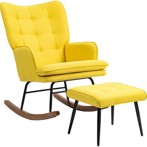 Fauteuil à bascule scandinave bois hêtre matelassé jaune avec repose-pieds 64x89x90 cm