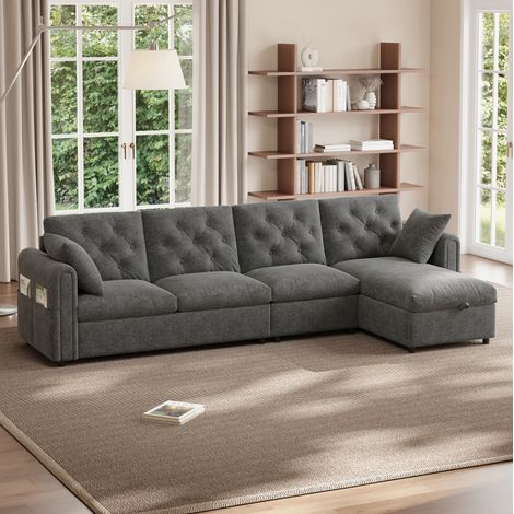 Verstellbares Ecksofa mit Stauraum, grauer Samt, 281 x 132 x 86 cm HAVRYA (1/5)